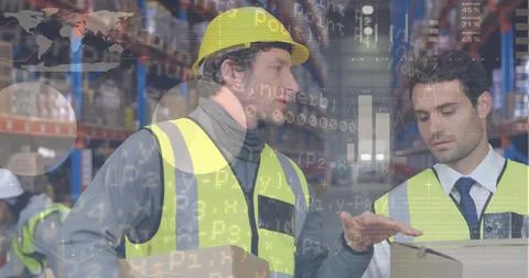 Image of financial data processing over two caucasian warehouse worker Stock Photos