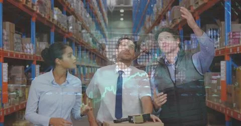 Image of financial data processing over three diverse warehouse worker Stockfoto's