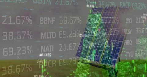 Image of financial data processing over solar panel Stock Photos