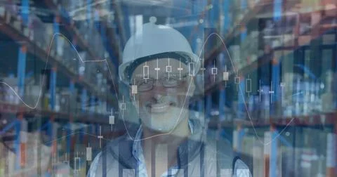 Image of financial data processing over caucasian man in warehouse Stock Photos