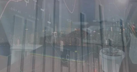 Image of financial data processing over empty office and cityscape Stock Photos