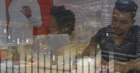 Image of financial data processing over diverse business people using laptop Foto stock