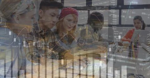 Image of financial data processing over diverse business people using laptop Foto stock