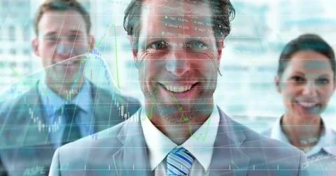Image of financial data processing over diverse business people Foto stock