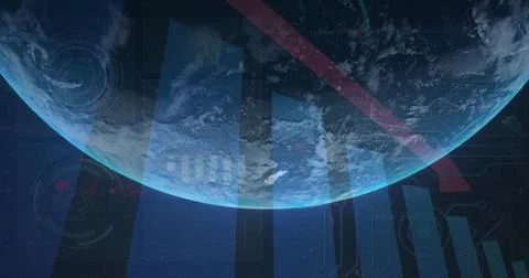 Image of financial data processing over globe on dark background Stock Photos