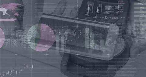 Image of financial data processing over man using computer Stockfoto's