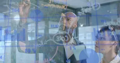 Image of financial data processing over diverse business people in office 写真素材