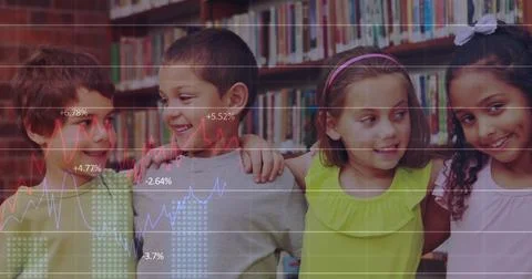 Image of financial data processing over diverse group of pupils Stock Photos