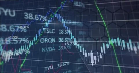 Image of financial data processing over dark background Stock Photos