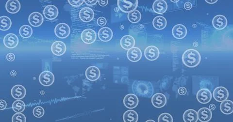 Image of financial data processing over blue background 스톡 사진