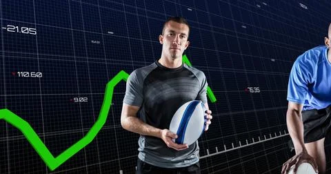 Image of financial data processing over rugby player Stock Photos