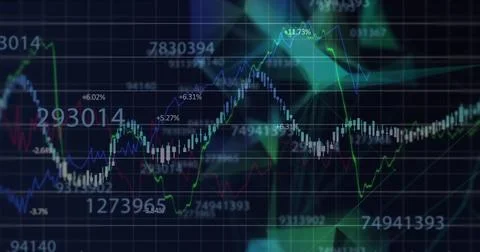 Image of financial data processing over glowing shapes on dark background Stock Photos