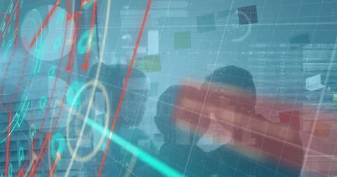 Image of financial data processing over caucasian man stacking tablet Stock Photos