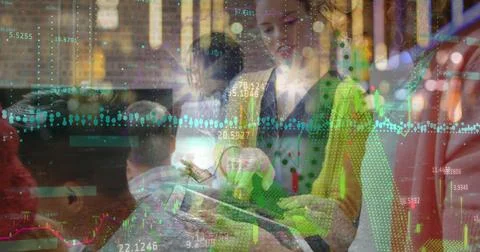 Image of financial data processing over tired man using computer Foto stock