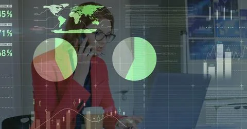 Image of financial data processing over businesswomen using smartphone Stock Photos