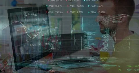 Image of financial data processing over businesswomen using computer Stock Photos