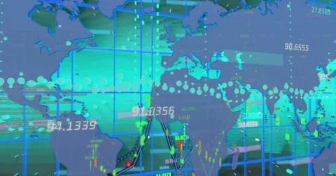 Image of financial data processing over world map on green background 스톡 사진