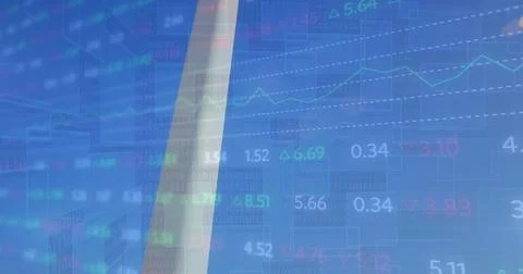 Image of financial data processing over purple background Stockfoto's