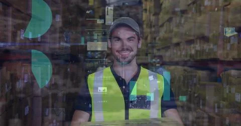 Image of financial data processing over caucasian warehouse worker Foto stock