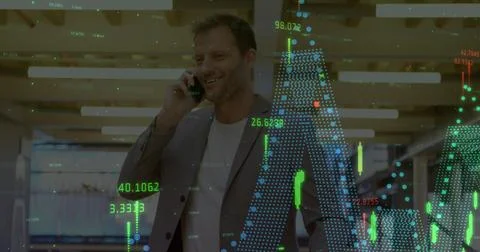 Image of financial data processing over businessmen using smartphone Stock Photos