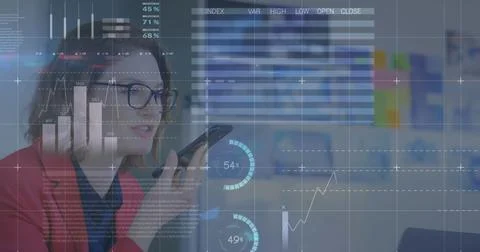 Image of financial data processing over businesswomen using smartphone Stock Photos