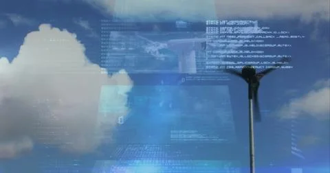 Image of financial data processing over electric windmill Stockfoto's