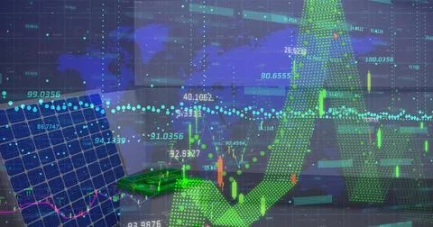 Image of financial data processing over solar panel Stock Photos