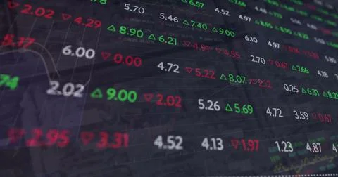Image of financial data processing over graph and charts on black background Foto stock