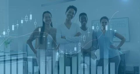 Image of financial data processing over diverse business people in office Foto stock