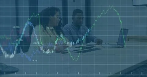 Image of financial data processing over business people Stockfoto's