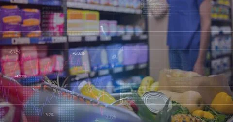 Image of financial data processing over diverse man working in warehouse Foto stock