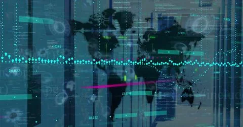 Image of financial data processing over world map against empty computer server Stock Photos