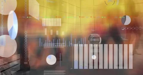 Image of financial data processing over diverse people walking on street Foto stock