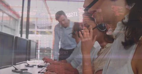 Image of financial data processing over diverse business people using phone Foto stock