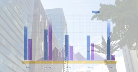 Image of financial data processing over cityscape Stock Photos