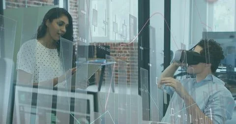 Image of financial data processing over businessman using vr headset Stockfoto's