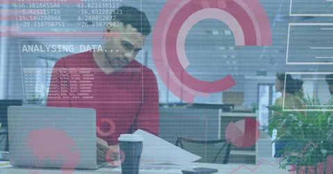 Image of financial data processing over businessman using laptop in office Stock Photos