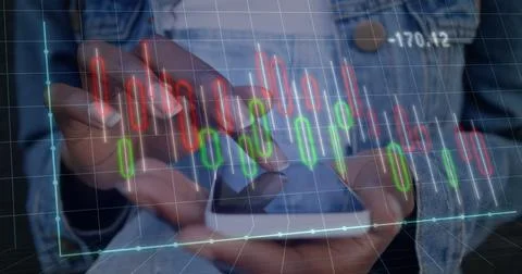 Image of financial data processing over african american woman using smartphone 库存照片