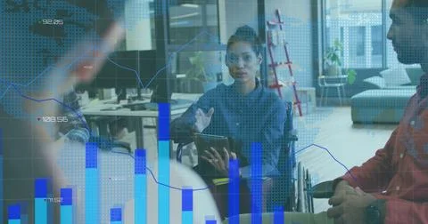 Image of financial data processing over diverse business people in office Stock Photos