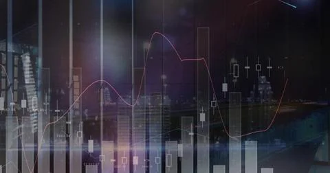 Image of financial data processing over cityscape Stock Photos