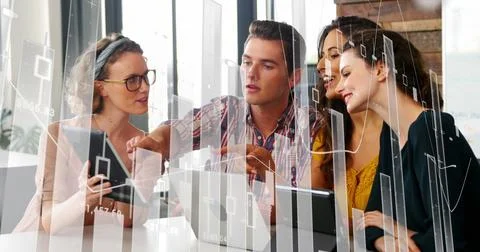 Image of financial data processing over diverse business people Stock Photos