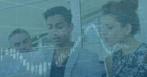 Image of financial data processing over diverse business people Stock Photos