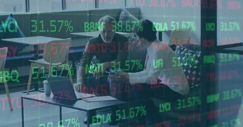 Image of financial data processing over diverse business people using laptop in Stock Photos