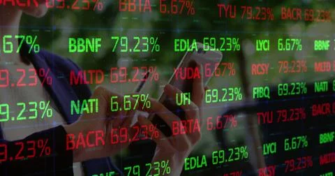 Image of financial data processing over caucasian woman using smartphone Stock Photos