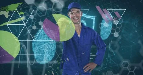 Image of financial data processing over caucasian male mechanic holding keys Stock Photos