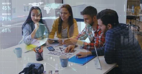 Image of financial data processing over diverse group of business people Stock Photos