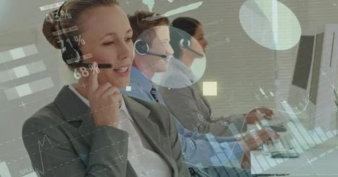 Image of financial data processing over diverse business people using phone Stock Photos