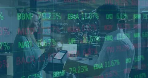Image of financial data processing over diverse business people Stock Photos