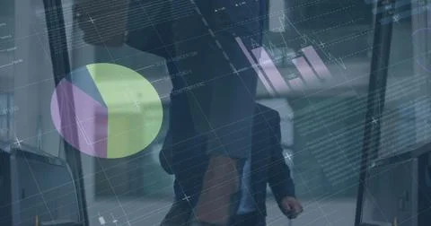 Image of financial data processing over business people using escalator in Stock Photos