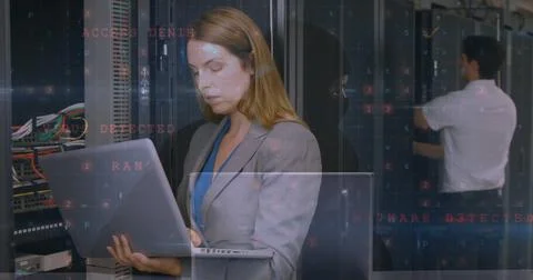 Image of financial data processing over businesswoman using tablet Stock Photos